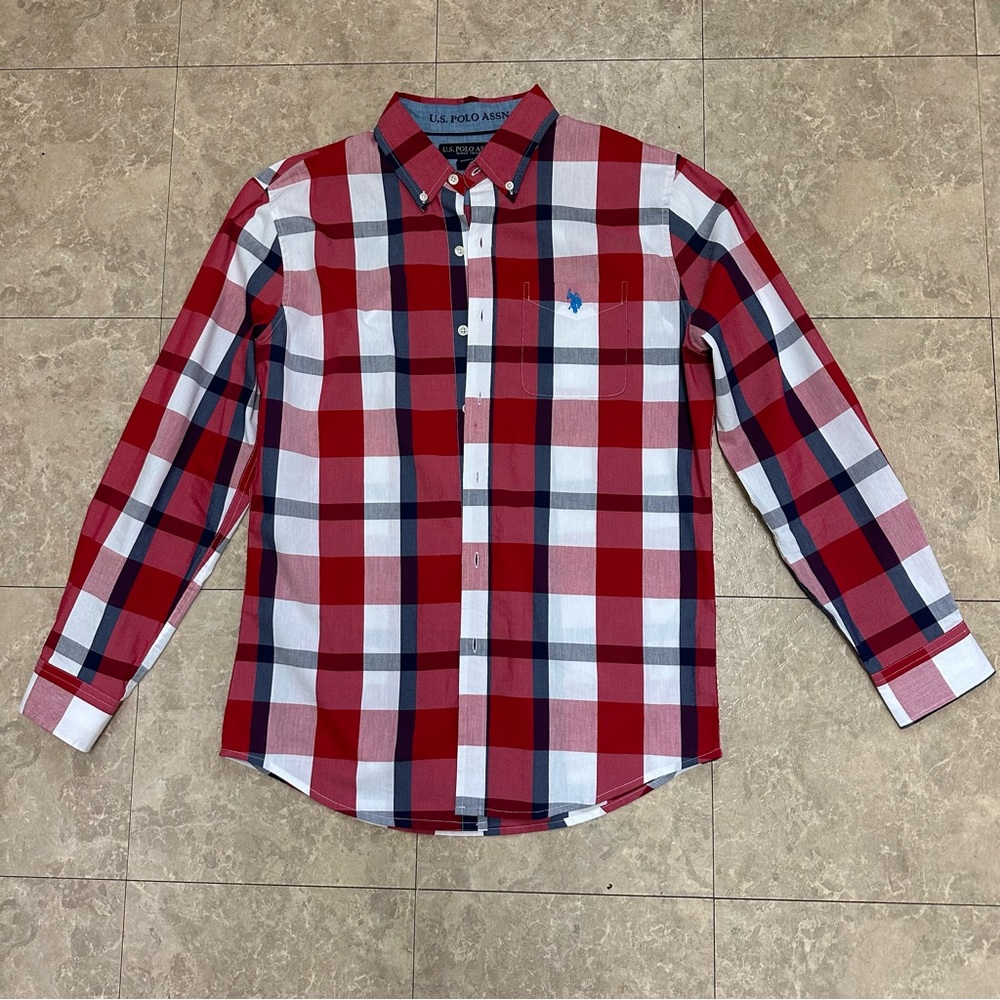 Men's Polo Red, Blue & White Button Down Shirt